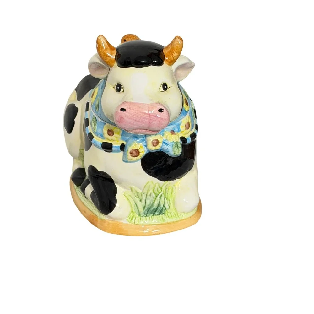 Intl Art Cow Cookie Jar Unisex OS Black White Floral Scarf Bird Farmhouse Decor